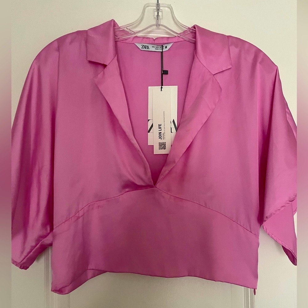 Zara Hot Pink Satin V-Neck Boxy Blouse